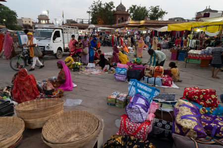 Jodhpur, Rajasthan, India - 20.10.2019 : Rajasthani buyers and sellers at famous Sardar Market and Ghanta ghar Clock tower in Jodhpur, Rajasthan, India.のeditorial素材