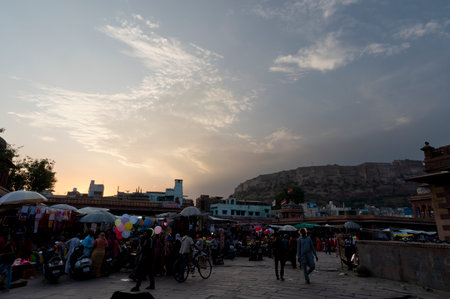 Jodhpur, Rajasthan, India - 20.10.2019 : Afternoon image of famous Sardar Market and Ghanta ghar Clock tower in Jodhpur, Rajasthan, India. Mehrangarh fort or Jodhpur fort in background.のeditorial素材