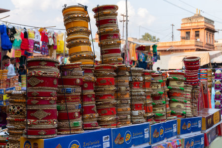 Jodhpur, Rajasthan, India - 20.10.2019 : Beautiful Rajasthani Bangles being sold at famous Sardar...