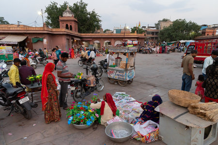 Jodhpur, Rajasthan, India - 20.10.2019 : Rajasthani buyers and sellers at famous Sardar Market and Ghanta ghar Clock tower in Jodhpur, Rajasthan, India.のeditorial素材