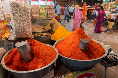 Jodhpur, Rajasthan, India - 18.10.2019 : Indian spicy masala being sold, spice mixture that has been ground into a powder or paste used for cooking Indian food, or a flavored dish. Clock tower market.のeditorial素材