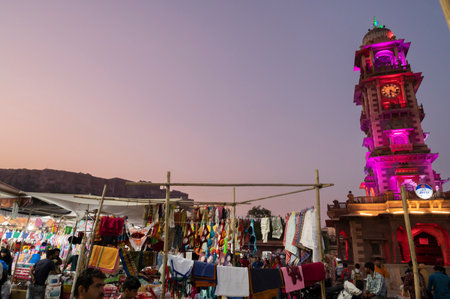 Jodhpur, Rajasthan, India - 19.10.2019 : Blue hour image of famous Sardar Market and Ghanta ghar Clock tower in Jodhpur, Rajasthan, India.のeditorial素材