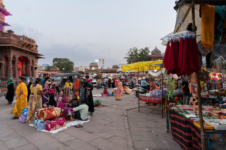 Jodhpur, Rajasthan, India - 20.10.2019 : Rajasthani buyers and sellers at famous Sardar Market and Ghanta ghar Clock tower in Jodhpur, Rajasthan, India.のeditorial素材