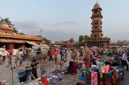 Jodhpur, Rajasthan, India - 20.10.2019 : Busy and congested view of famous Sardar Market and Ghanta ghar Clock tower in Jodhpur, Rajasthan, India.のeditorial素材
