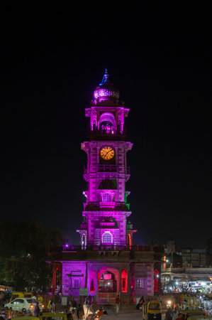 Jodhpur, Rajasthan, India - 18.10.2019 : Popular Sardar Market and Ghanta ghar, Clock tower in evening at Jodhpur, Rajasthan, India. Vertical image.のeditorial素材