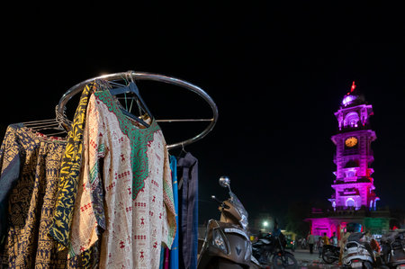 Jodhpur, Rajasthan, India - 19.10.2019 : Rajasthani womens clothes being sold at Famous Sardar Market and Ghanta ghar Clock tower in the evening.のeditorial素材