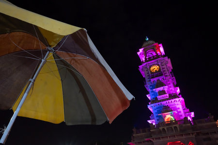 Jodhpur, Rajasthan, India - 18.10.2019 : Night image of famous Sardar Market and Ghanta ghar Clock tower in Jodhpur, Rajasthan, India.のeditorial素材