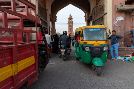 Jodhpur, Rajasthan, India - 20.10.2019 : Busy and congested view of famous Sardar Market and Ghanta ghar Clock tower in Jodhpur, Rajasthan, India.のeditorial素材