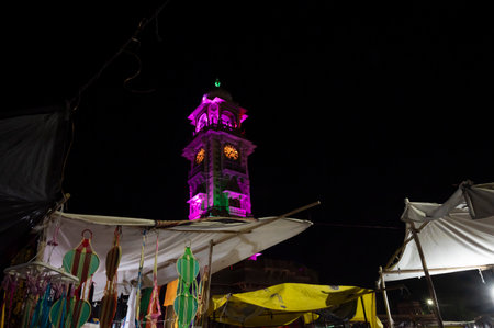 Jodhpur, Rajasthan, India - 18.10.2019 : Famous Sardar Market and Ghanta ghar Clock tower at night in Jodhpur, Rajasthan, India. Market place in foreground.のeditorial素材