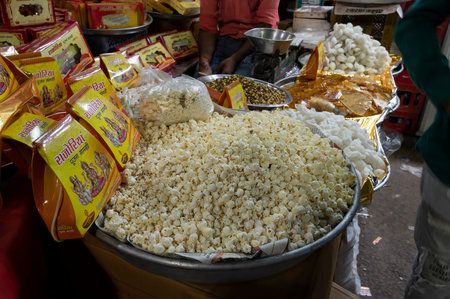 Jodhpur, Rajasthan, India - 20.10.2019 : Popcorn is being sold in street at famous Sardar Market and Ghanta ghar Clock tower in Jodhpur, Rajasthan, India.のeditorial素材