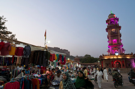 Jodhpur, Rajasthan, India - 19.10.2019 : Blue hour image of famous Sardar Market and Ghanta ghar Clock tower in Jodhpur, Rajasthan, India.のeditorial素材