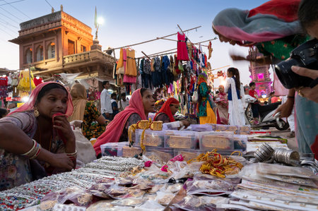 Jodhpur, Rajasthan, India - 19.10.2019 : Rajasthani women are buying bangles and jewelry at famous Sardar Market and Ghanta ghar Clock tower in Jodhpur, Rajasthan, India.のeditorial素材