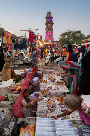 Jodhpur, Rajasthan, India - 19.10.2019 : Rajasthani women are buying bangles and jewelry at famous Sardar Market and Ghanta ghar Clock tower in Jodhpur, Rajasthan, India.のeditorial素材