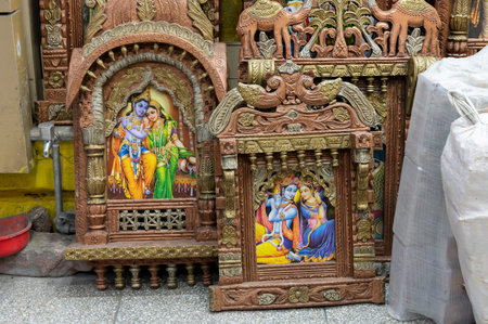 Jodhpur, Rajasthan, India - 19.10.2019 : Beautiful framed art of Radha and Krishna, Hindu God, displayed for sale at famous Sardar Market and Ghanta ghar Clock tower in Jodhpur, Rajasthan, India.のeditorial素材