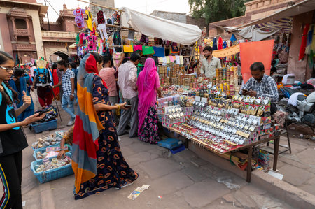 Jodhpur, Rajasthan, India - 20.10.2019 : Aluminium and steel made locks and keys are displayed for sale at famous Sardar Market and Ghanta ghar Clock tower in Jodhpur, Rajasthan, India.のeditorial素材