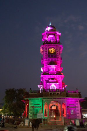 Jodhpur, Rajasthan, India - 19.10.2019 : Blue hour image of famous Sardar Market and Ghanta ghar Clock tower in Jodhpur, Rajasthan, India.のeditorial素材