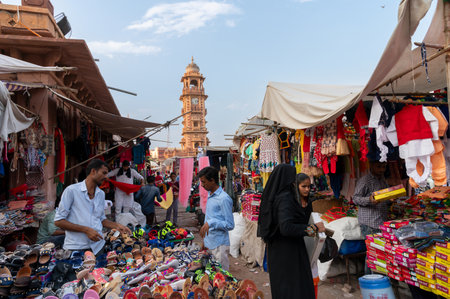 Jodhpur, Rajasthan, India - 20.10.2019 : Rajasthani buyers and sellers at famous Sardar Market and Ghanta ghar Clock tower in Jodhpur, Rajasthan, India.のeditorial素材
