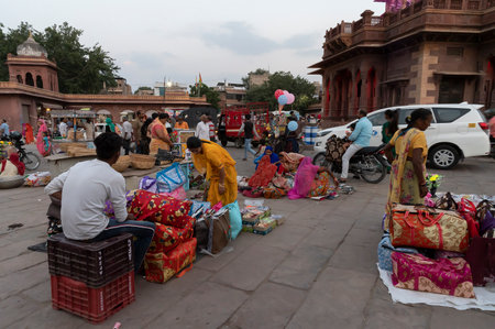 Jodhpur, Rajasthan, India - 20.10.2019 : Rajasthani buyers and sellers at famous Sardar Market and Ghanta ghar Clock tower in Jodhpur, Rajasthan, India.のeditorial素材