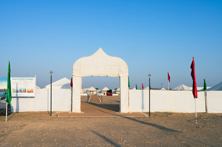 Thar desert, Rajasthan, India - 16.10.2019 : View of desert camp in the morning. Tourists arrive in the camp to enjoy view of Thar desert.のeditorial素材
