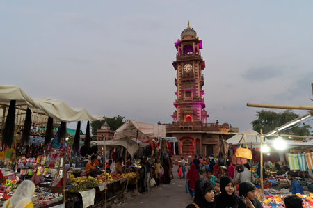 Jodhpur, Rajasthan, India - 20.10.2019 : Rajasthani buyers and sellers at famous Sardar Market and Ghanta ghar Clock tower in Jodhpur, Rajasthan, India.のeditorial素材