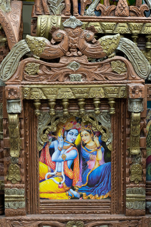 Jodhpur, Rajasthan, India - 19.10.2019 : Beautiful framed art of Radha and Krishna, Hindu God, displayed for sale at famous Sardar Market and Ghanta ghar Clock tower in Jodhpur, Rajasthan, India.のeditorial素材
