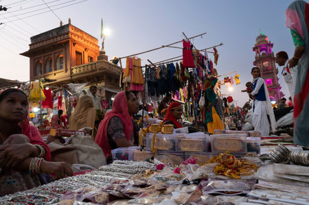 Jodhpur, Rajasthan, India - 19.10.2019 : Rajasthani women are buying bangles and jewelry at famous Sardar Market and Ghanta ghar Clock tower in Jodhpur, Rajasthan, India.のeditorial素材