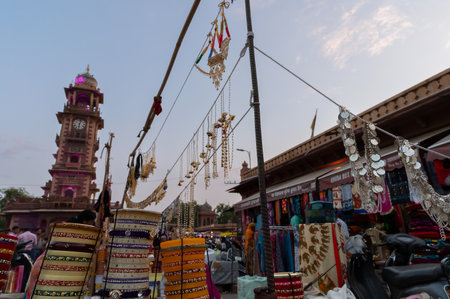 Jodhpur, Rajasthan, India - 20.10.2019 : Beautiful Rajasthani Bangles and ornaments are being sold at famous Sardar Market and Ghanta ghar Clock tower in Jodhpur, Rajasthan, India.のeditorial素材