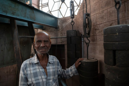Jodhpur, Rajasthan, India - 16.10.2019 : Old man with engineering knowledge, instruments and machineries running the decades old clock of Ghanta ghar or Clock tower in Jodhpur, Rajasthan, India.のeditorial素材