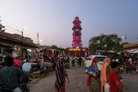 Jodhpur, Rajasthan, India - 19.10.2019 : Blue hour image of famous Sardar Market and Ghanta ghar Clock tower in Jodhpur, Rajasthan, India.のeditorial素材