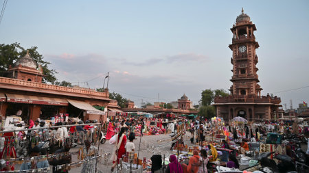Jodhpur, Rajasthan, India - 20.10.2019 : Busy and congested view of famous Sardar Market and Ghanta ghar Clock tower in Jodhpur, Rajasthan, India.のeditorial素材