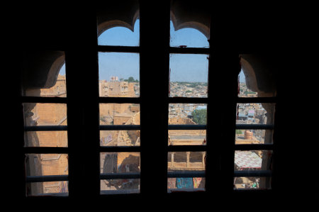 Jaisalmer, Rajasthan, India - 15th October 2019 : View of Jaisalmer city through sandstone made...