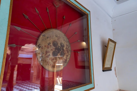Jaisalmer, Rajasthan, India - 15th October 2019 : Antique big royal spears and shield displayed at Raja ka Mahal Palace or Maharwal Palace inside Jaisalmer fort. UNESCO World heritage site.のeditorial素材