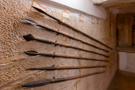 Jaisalmer, Rajasthan, India - 15th October 2019 : Antique royal spears displayed at Raja ka Mahal...