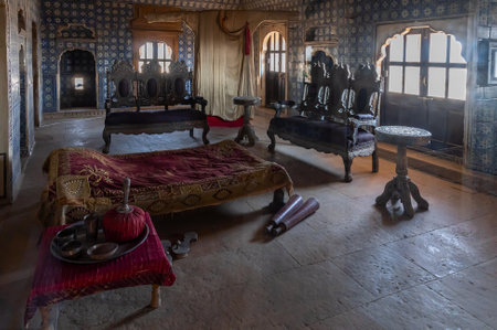 Jaisalmer, Rajasthan, India - 15th October 2019 : Beautiful decorated interior and seating arrangements of Rani Mahal or Rani Ka Mahal, inside Jaisalmer fort. UNESCO World heritage site.のeditorial素材