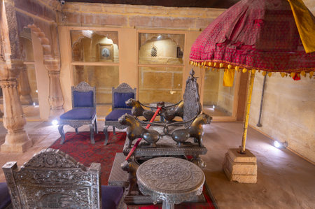 Jaisalmer, Rajasthan, India - 15th October 2019 : Beautiful decorated interior and seating arrangements of Raja Mahal or Raja Ka Mahal, inside Jaisalmer fort. UNESCO World heritage site.のeditorial素材