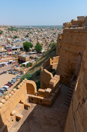 Jaisalmer, Rajasthan, India - 15th October 2019 : Sandstone made beautiful balcony, jharokha, stone window and exterior of Jaisalmer fort. UNESCO World heritage site overlooking Jaisalmer city.のeditorial素材