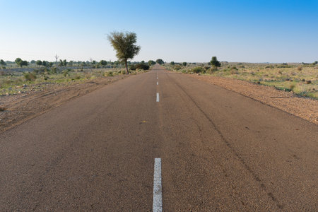 Morning in desert with empty high road or national high way passing through the desert. Distant horizon, Hot summer at Thar desert, Rajasthan, India.の写真素材