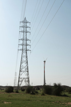 High voltage electricity transmission lines at Thar desert, Rajasthan, India.の写真素材