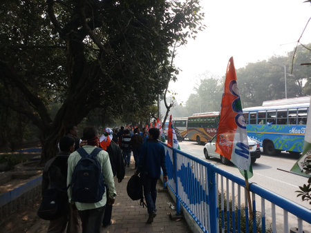 Kolkata, West Bengal, India - 19th January 2019 : Supporters of Trinamool Congress party walking in the political rally.のeditorial素材