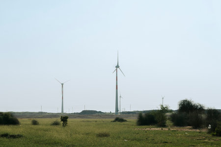 Wind turbines, alternative eco friendly electircal power source, installed at Thar desert, Rajasthan, India.の写真素材