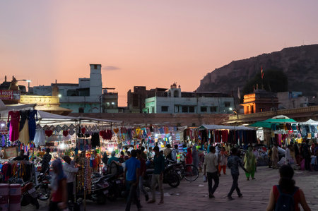 Jodhpur, Rajasthan, India - 19.10.2019 : Blue hour image of famous Sardar Market and Ghanta ghar Clock tower in Jodhpur, Rajasthan, India. Mehrangarh fort or Jodhpur fort in background.のeditorial素材