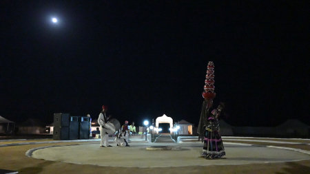Thar desert, Rajasthan, India - October 15th 2019 : Female dancer dancing Bhavai, a folk dance, balancing six earthen pots on her head, dressed with cultural dress of Rajasthan.のeditorial素材
