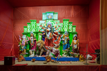Kolkata, West Bengal, India - 12th October, 2021 : Decorated Durga idol inside pandal at night....