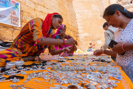 Jaisalmer, Rajasthan, India - October 13, 2019 : Rajasthani women selling and negotiating price of jewelleries with female tourist in market place Inside Jaisalmer Fort . Popular tourist market place.のeditorial素材