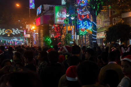 Kolkata, West Bengal, India - 26.12.2018 : Decorated lights and Christmas celebration at illuminated Park street with joy and year end festive mood.のeditorial素材