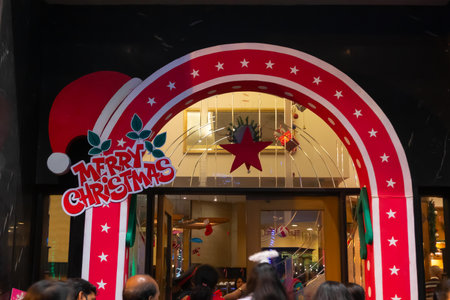 Kolkata, West Bengal, India - 26.12.2018 : Merry Christmas wish for Kolkata and citizens. Decorated lights and Christmas celebration at illuminated Park street with joy and year end festive mood.のeditorial素材