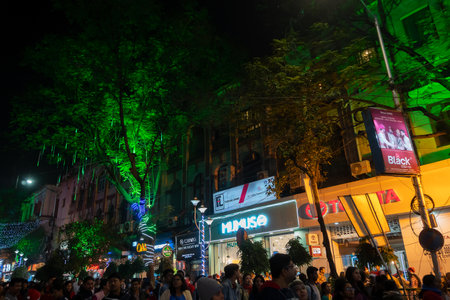 Kolkata, West Bengal, India - 26.12.2018 : Decorated lights and Christmas celebration at illuminated Park street with joy and year end festive mood.のeditorial素材