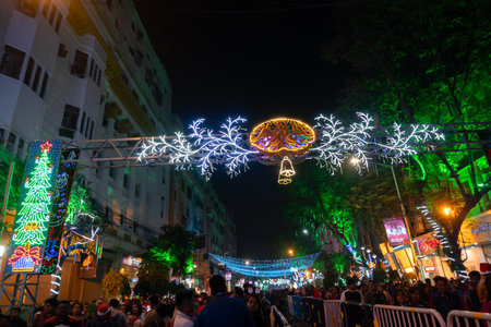 Kolkata, West Bengal, India - 26.12.2018 : Decorated lights and Christmas celebration at illuminated Park street with joy and year end festive mood.のeditorial素材