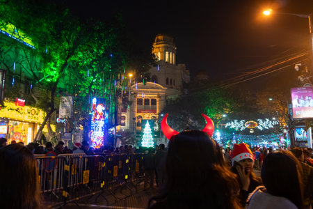 Kolkata, West Bengal, India - 26.12.2018 : Decorated lights and Christmas celebration at illuminated Park street with joy and year end festive mood.のeditorial素材