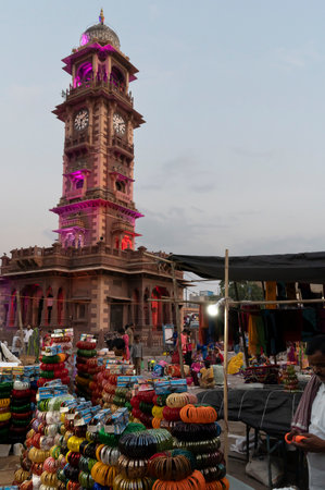 Jodhpur, Rajasthan, India - 20.10.2019 : Colorful Rajasthani bangles being sold at famous Sardar Market and Ghanta ghar Clock tower in Jodhpur, Rajasthan, India.のeditorial素材